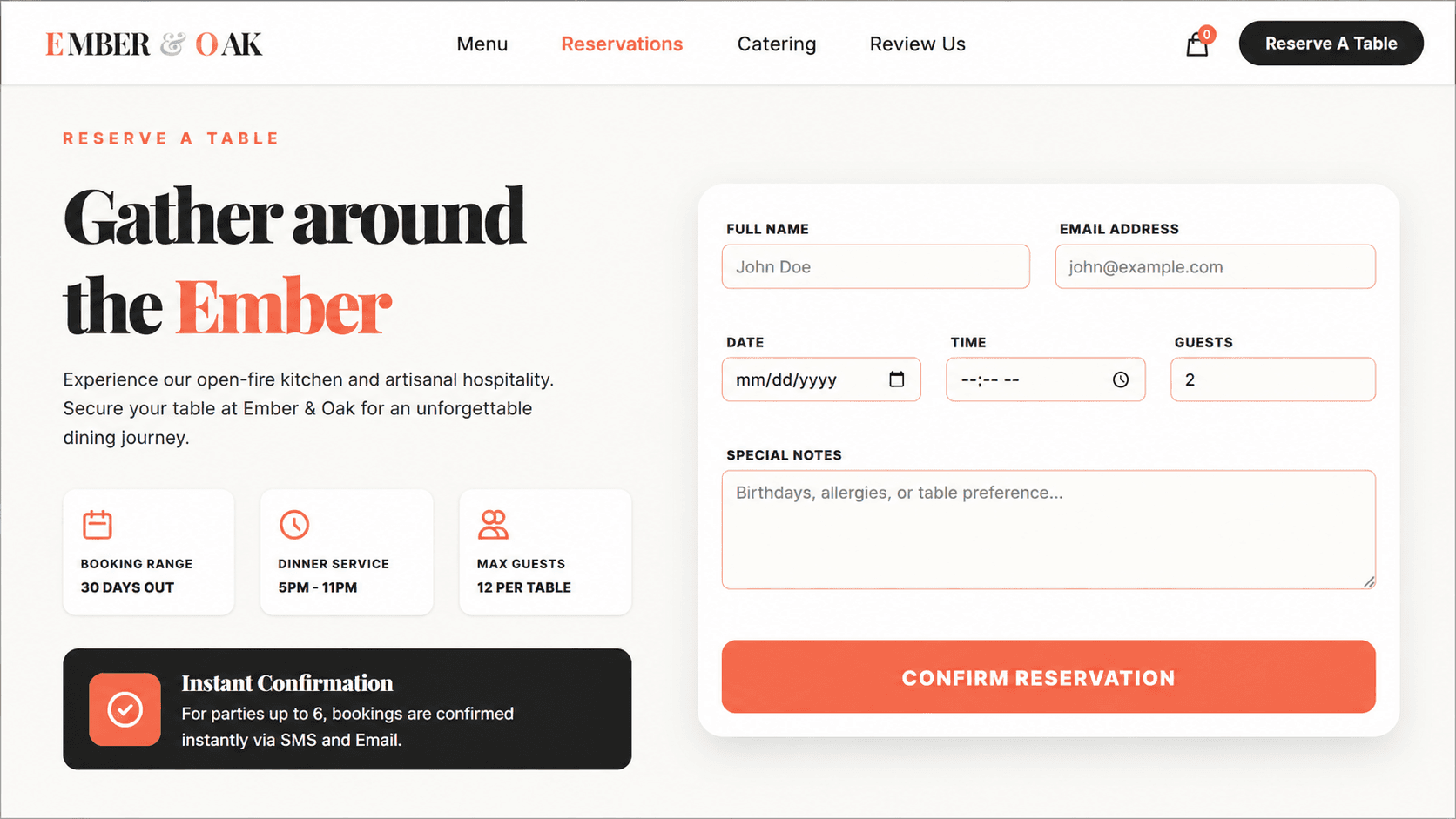Ember Oak table reservation booking page