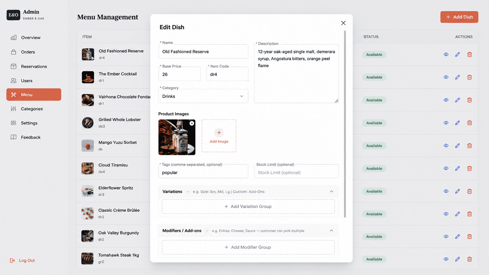 Ember Oak admin menu product form