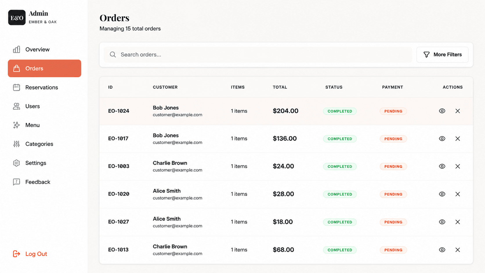 Ember Oak admin order management page