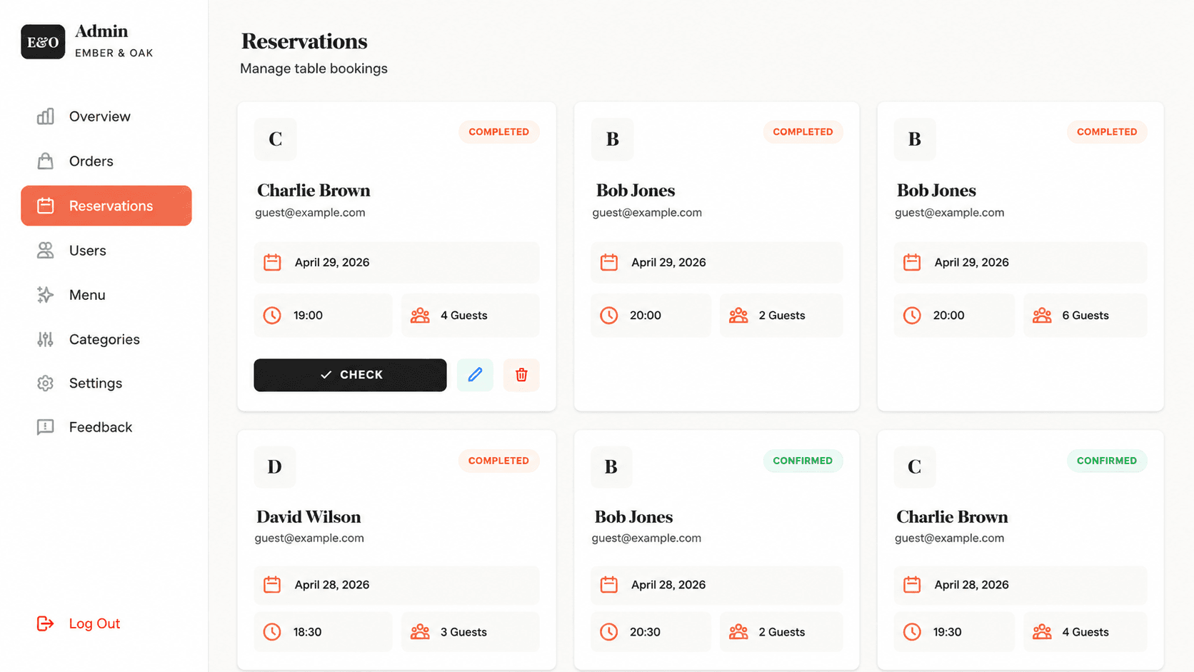 Ember Oak admin reservation management page