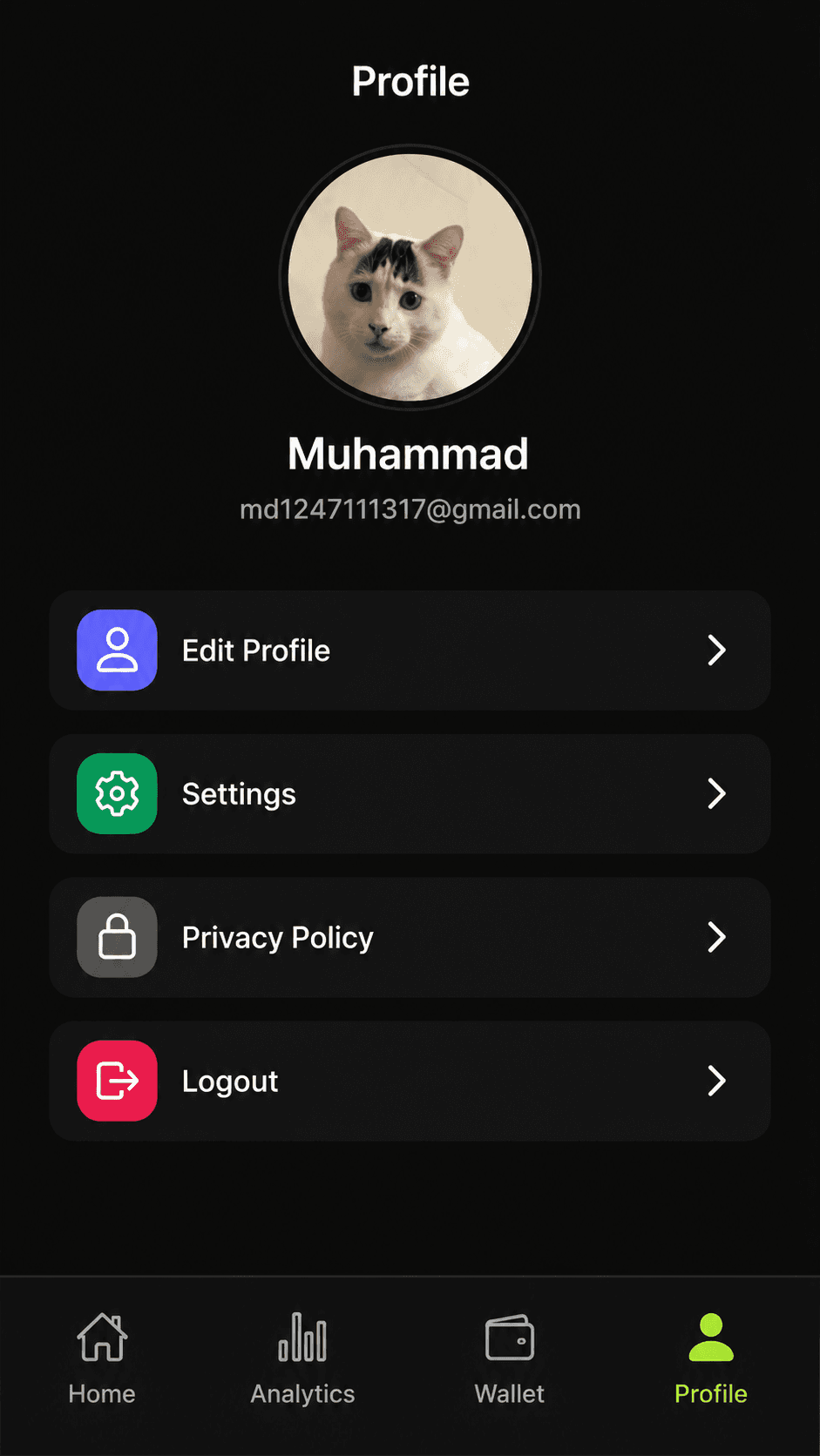 Expense Tracker user profile and settings