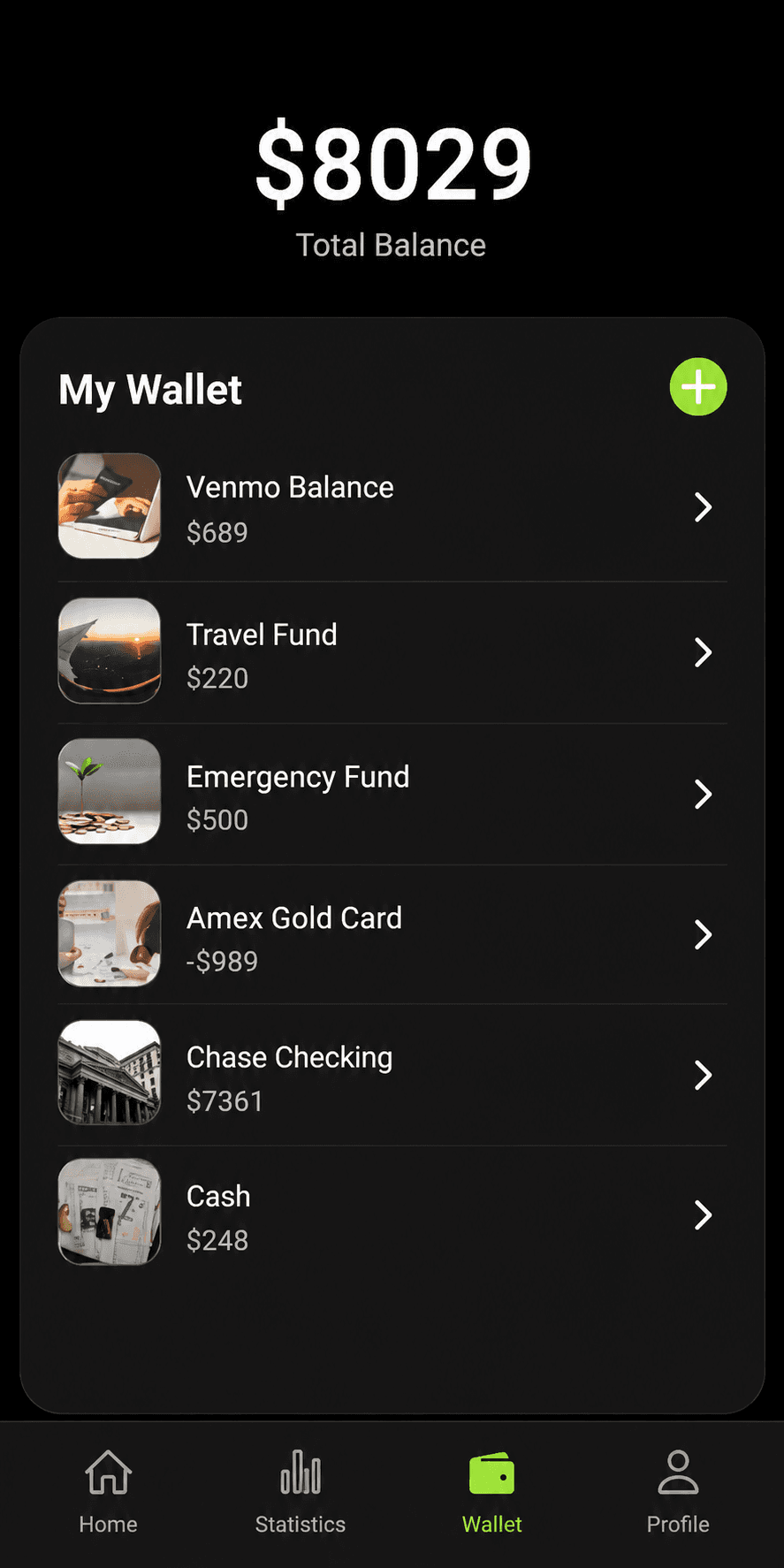 Expense Tracker wallet list and balances