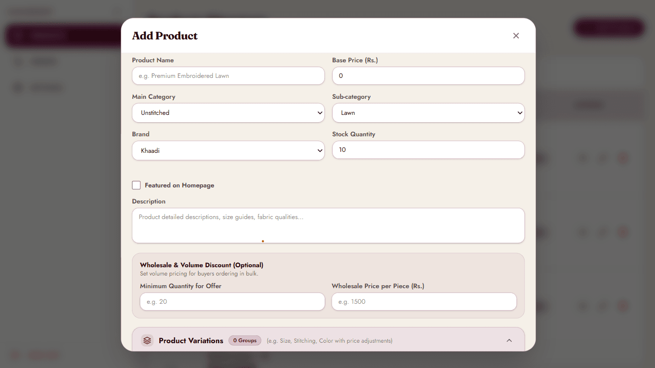 M&M Selections administrative product editor and variant configuration form
