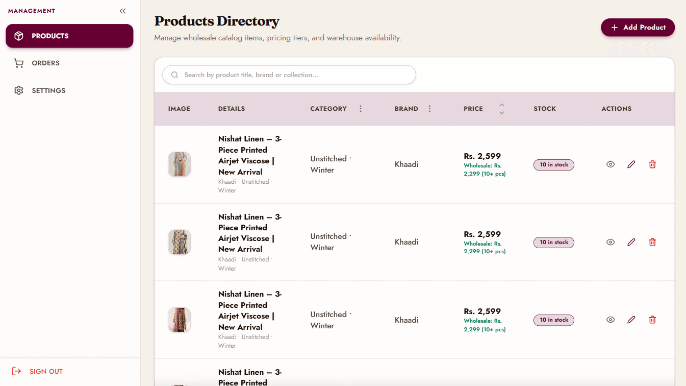M&M Selections administrative CMS product inventory table