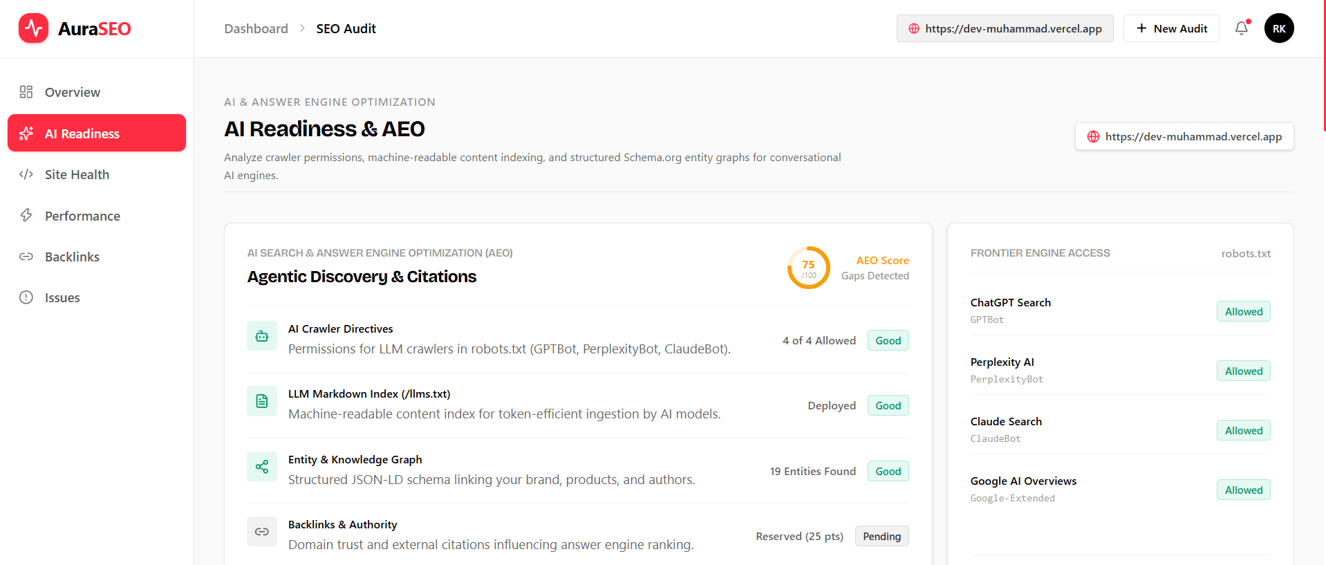 AuraSEO AI readiness and Answer Engine Optimization (AEO) diagnostic