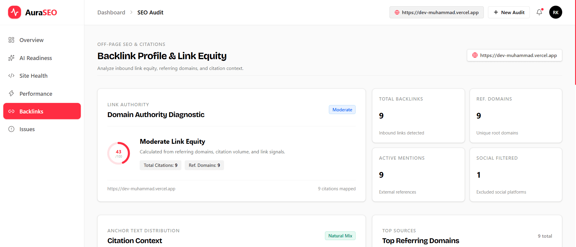 AuraSEO backlink profile and link equity analyzer