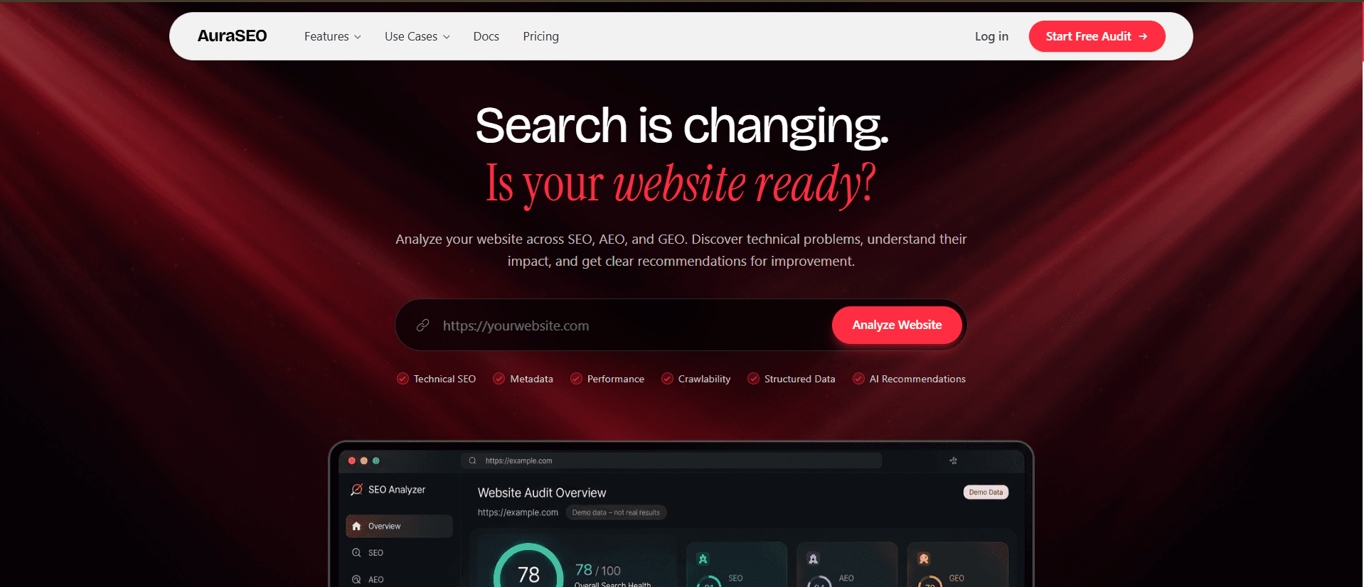 AuraSEO | Next-Gen Technical SEO, AEO & GEO Analyzer Tool interface overview