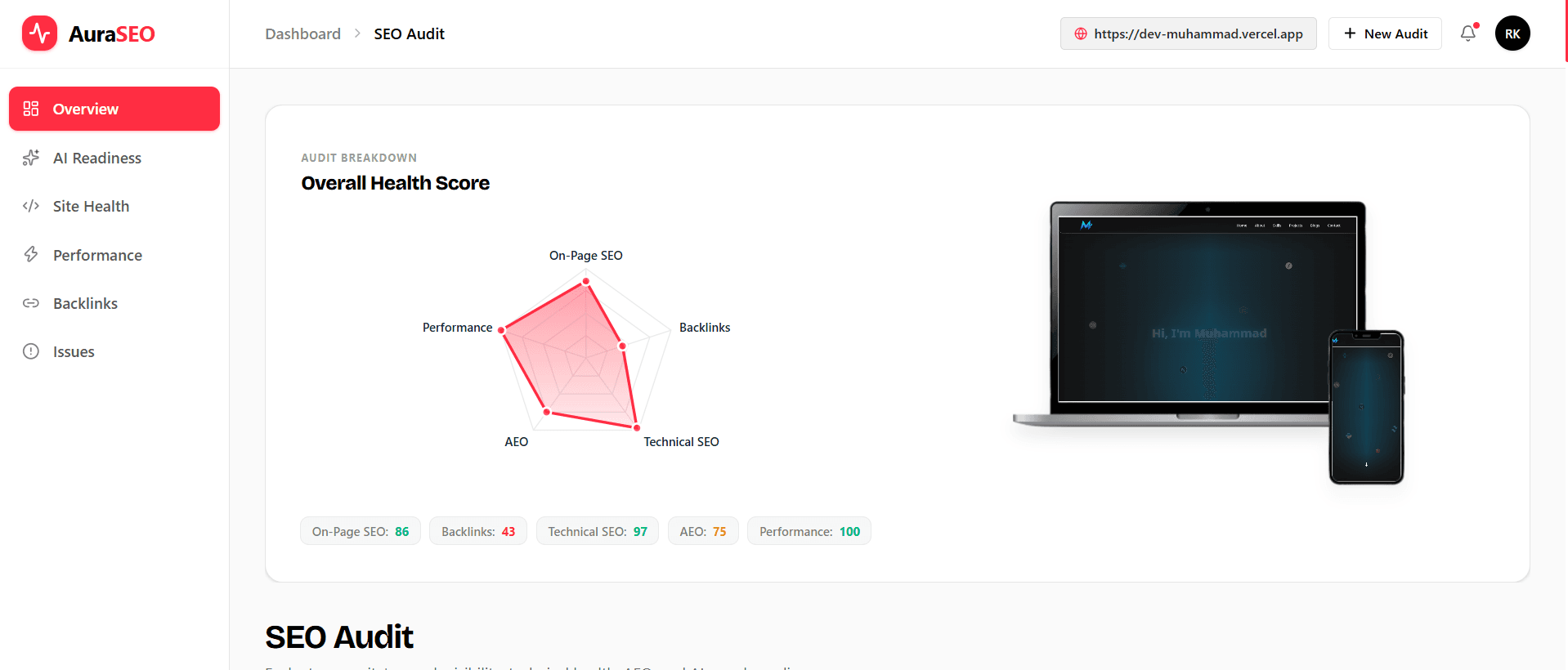 AuraSEO | Next-Gen Technical SEO, AEO & GEO Analyzer Tool feature screenshot