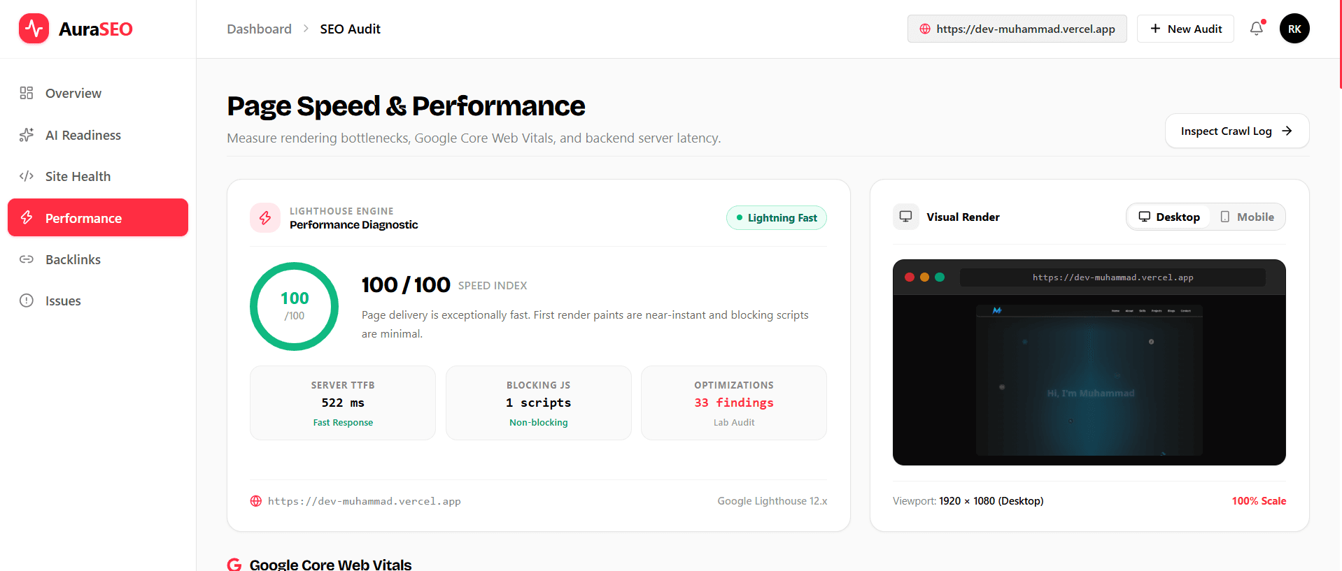 AuraSEO Google Lighthouse speed index and performance diagnostics