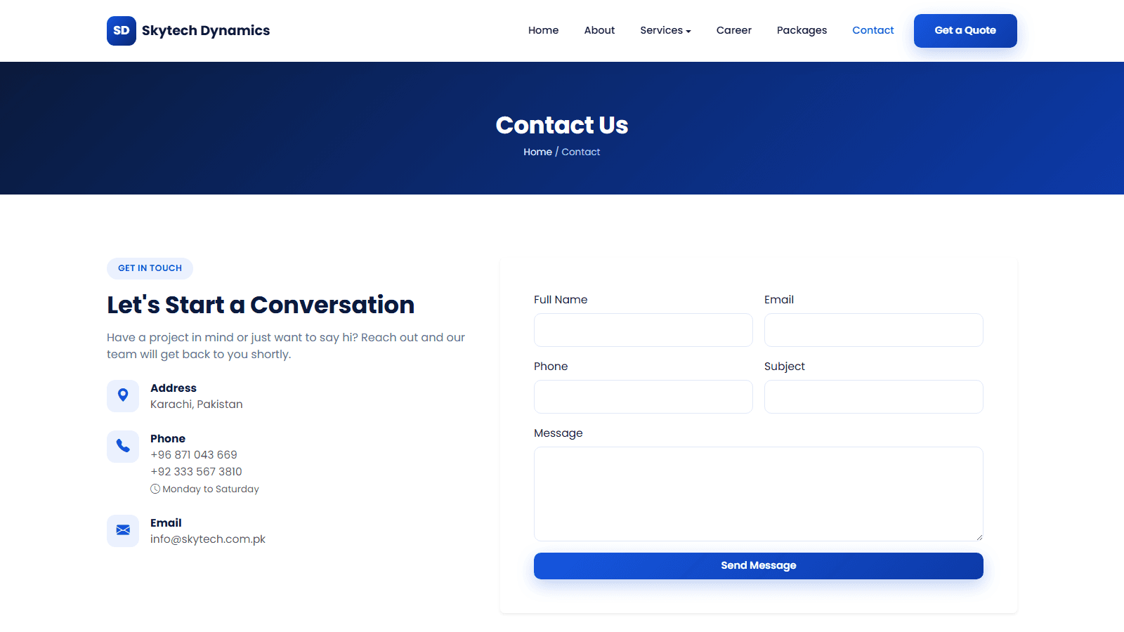 Skytech Dynamics contact page