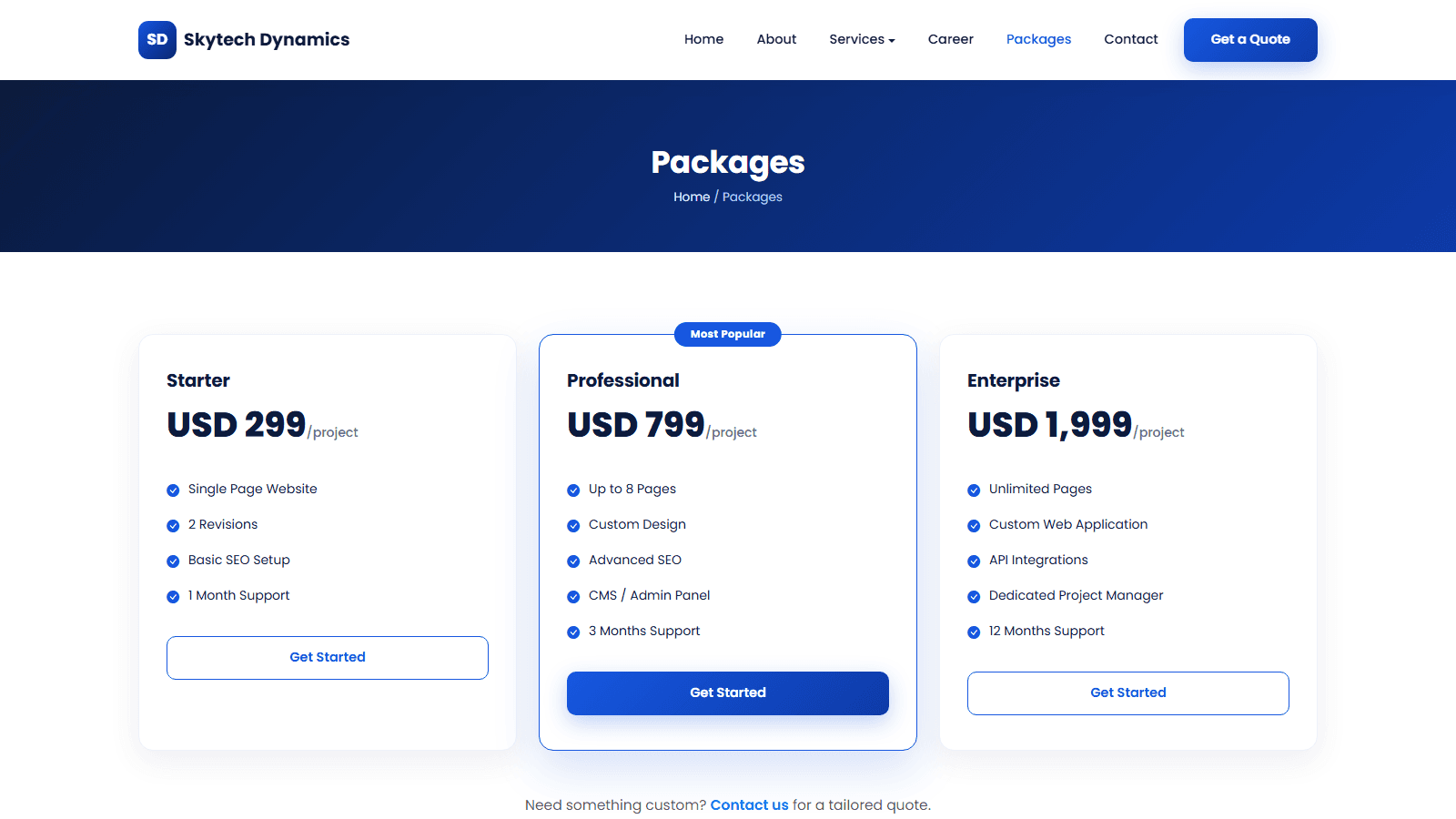 Skytech Dynamics website packages page