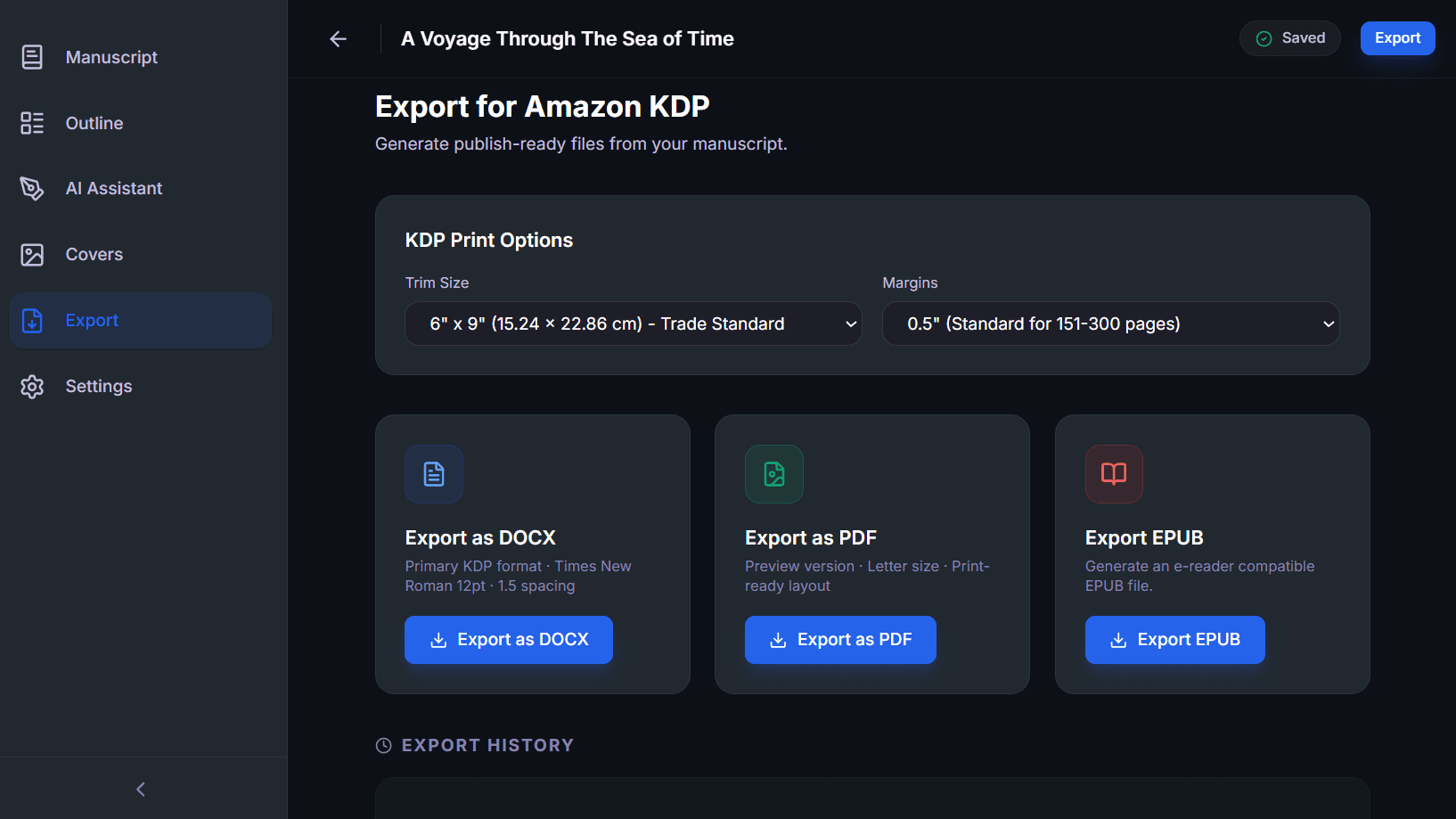 TeBre Amazon KDP export options for DOCX PDF and EPUB