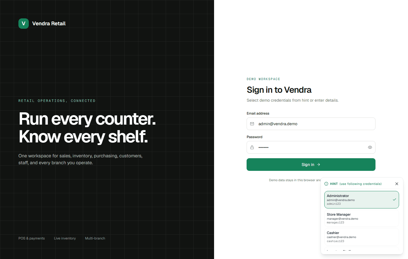 Vendra role-based demo login page