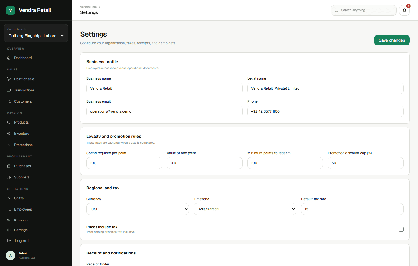 Vendra business, loyalty, tax, and receipt settings